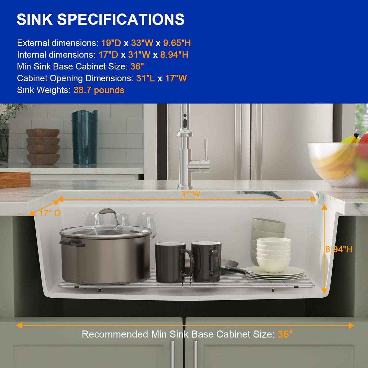 Dcolora 33 Inch White Granite Composite Kitchen Sink Workstation Undermount Single Bowl sink Large Sink For Kitchen,DC-GU2514