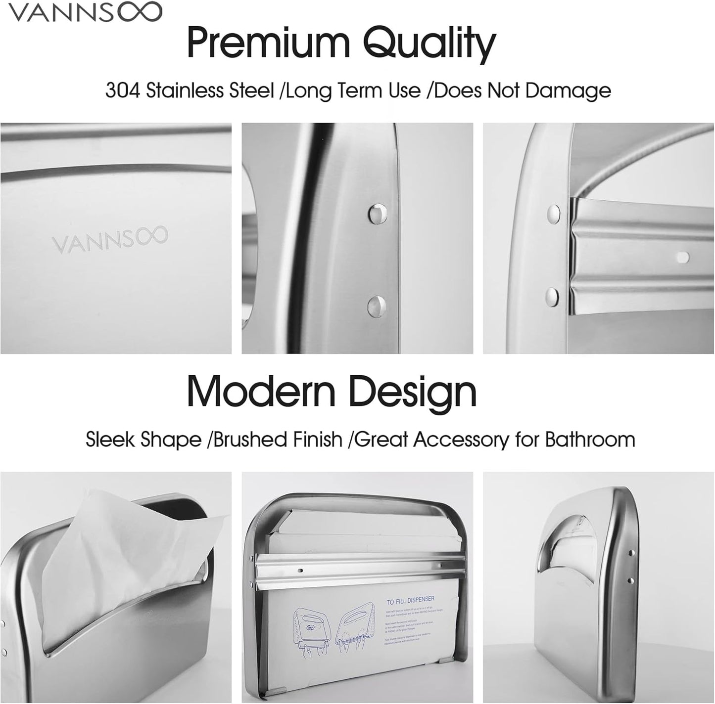 Toilet Seat Cover Dispenser - Stainless Steel Wall Mount Toilet Seat Cover Holder for Commercial Bathroom, 250 Single or Half Fold Seat Covers Capacity (Brushed)