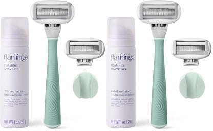 FLAMINGO 5-Blade Razors for Women - 1 Razor Handle + 1oz Foaming Shave Gel + 1 Shower Holder - Sage (Pack of 2)