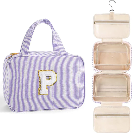 TOPEAST Hanging Toiletry Bag for Women - Travel Toiletry Bag Makeup Bag, Portable Toiletries Cosmetic Bag, Airplane Travel Essentials - Letter P, Purple