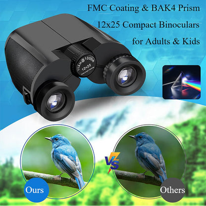 12x25 Compact Binoculars for Adults & Kids, High Powered Lightweight Waterproof Binoculars with Large Eyepiece, Low Light Vision for Bird Watching, Hunting, Travel, and Sightseeing