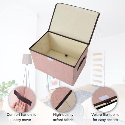 Linen Fabric Foldable Storage Cube Bin Organizer Basket with Flip-Top Lid & Handles, Large Clothes Blanket Box for Home, Office, Closet, Gray & Pink, 4 Pack 14.6 x 9.5 x 9.5”