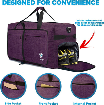 Bago Big XXL Foldable Duffel Bags for Traveling Women & Men - 140L Packable Duffle Bag for Travel with Shoe Compartment - Water Repellant, Heavy Duty, Lightweight Folding & Collapsible (SnowDepPurple)