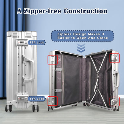 DOMINOX All Aluminum Carry On Luggage Hard Shell Luggage Aluminum Suitcase for Travel Zipperless Luggage Checked Luggage with Silent 360° Spinner Wheels 20 In. (Vertical Grain Style, Sliver)