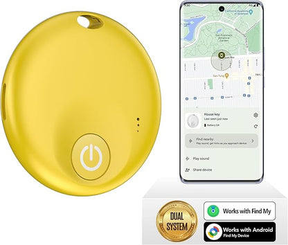 FindTag Duo - Dual System Tracker for iOS or Android, Bluetooth Tracking Tag/Key Finder/Luggage Tracker/Item Locator, Compatible with iOS Find My or Google Find Hub App (Yellow)