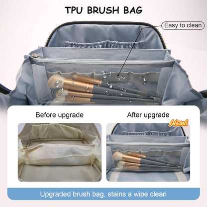 Travel Makeup Bag for Women: Large Capacity Open Flat Make up Bag Set of 3 - Vegan Leather Cosmetic Bag with Compartments - Waterproof Toiletry Bag with Handle & Divider(Black)