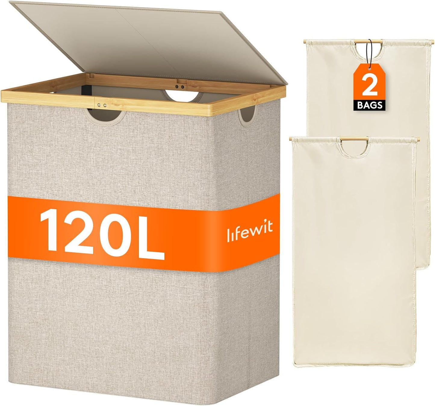 Lifewit 120L Double Laundry Hamper with Lid, Extra Large Bamboo Laundry Basket Dirty Clothes Hamper, 2 Section Laundry Bin Organizer for Laundry Room Bedroom with 2 Removable Liners & Bags, Beige