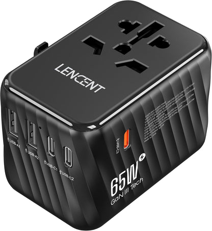 LENCENT International Travel Adapter, 65W GaN3 Universal Fast Charger with 2 USB A + 3 Type C PD, Worldwide Power Adaptor for Phones,Laptops, All in One Travel Essentials for EU/USA/UK/AU, Black