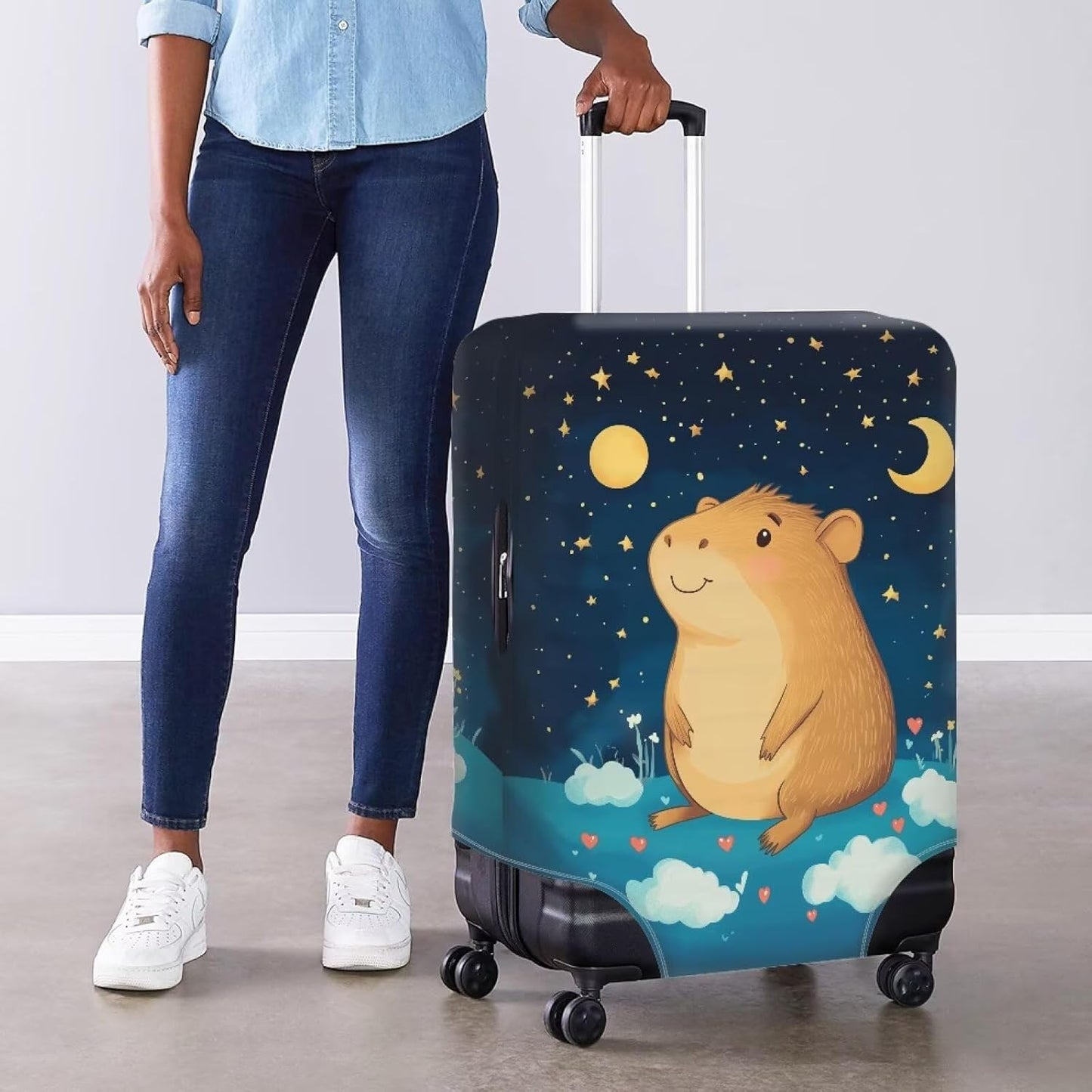 Capybara Suitcase Cover Cute Luggage Cover Protector Invisible Zipper Closure Travel Luggage Protector Fit 26-29 Inch Anti-Scratch Stretchable Suitcase Protector, Moon and Star