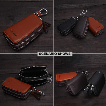 CONTACTS Car Key Case Small Leather Double Zipper Key Holder with 4 Keyrings Keys Organizer for Men Women