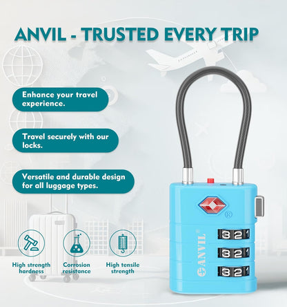 ANVIL TSA Approved Luggage Locks – High Security TSA008 Combination Travel Locks with Inspection Indicator for Suitcases and Backpacks. (2, Bule)