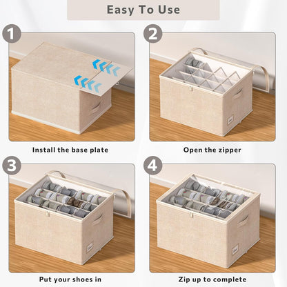 Shoe Organizer for Closet, 2 Pack Sturdy Shoe Storage Bins with Clear Cover, Fits 16-32 Pairs, Foldable Shoe Storage Box with Reinforced Handles (Beige, 19.7 * 15.7 * 12.6in)