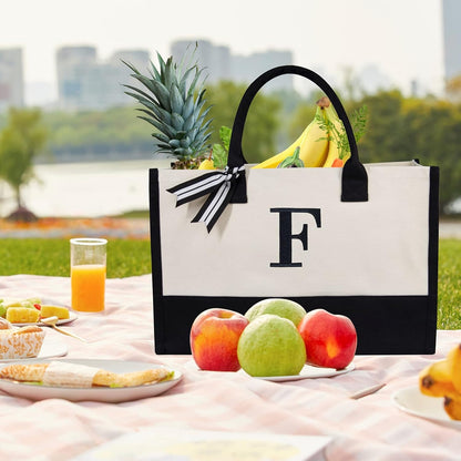 TOPDesign Embroidery Initial Canvas Tote Bag, Personalized Present Bag, Suitable for Wedding, Birthday, Beach, Holiday, is a Great Gift for Women, Mom, Teachers, Friends, Bridesmaids (Letter F)