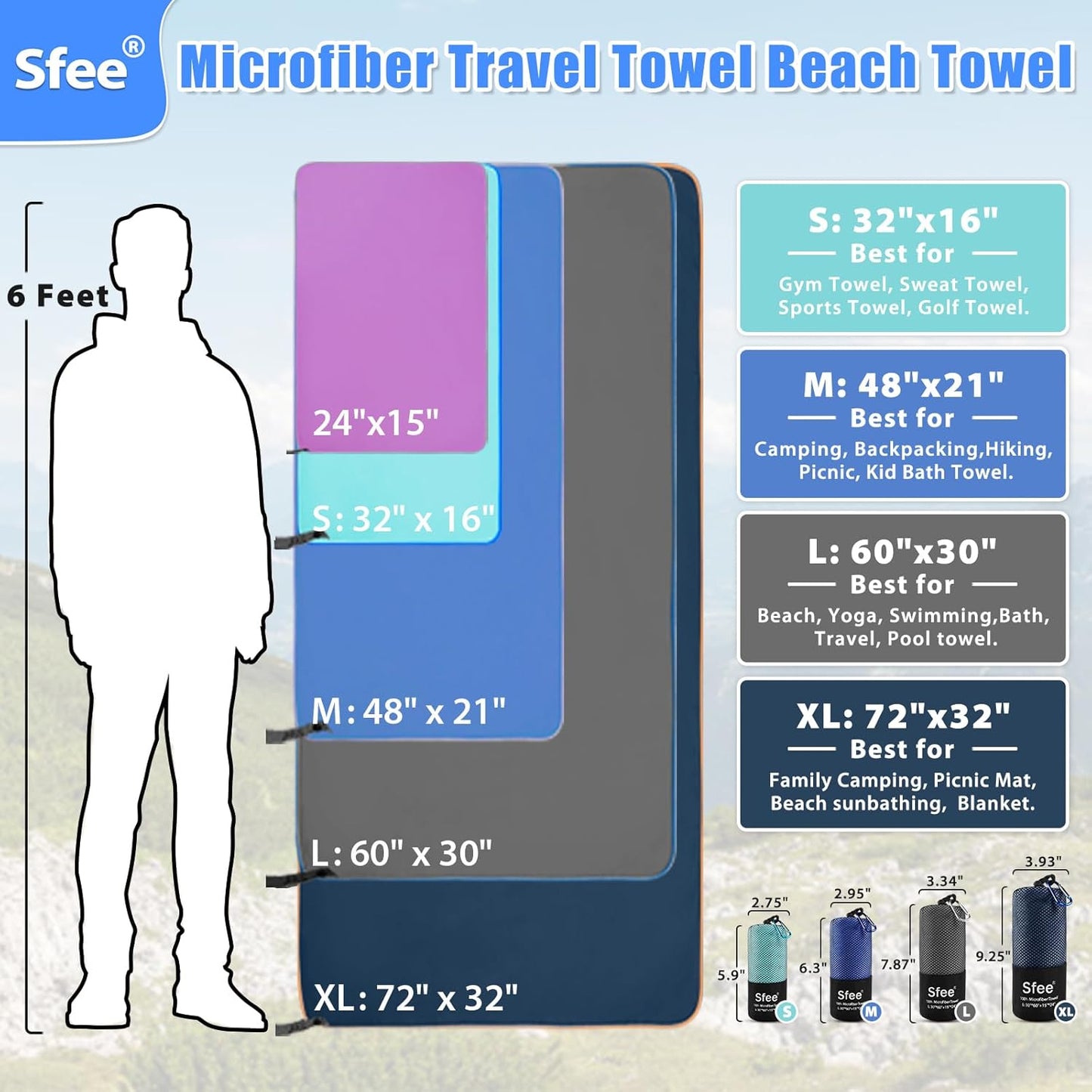 Sfee 2 Pack Microfiber Travel Towel, Quick Dry Camping Towel Super Absorbent Compact Lightweight Sports Gym Towels Set for Gym, Hiking, Pool, Backpacking, Bath, Yoga