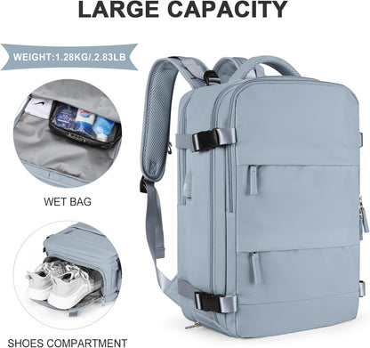 coowoz Large Travel Backpack For Women Men,Carry On Backpack Flight Approved,Hiking Backpack Waterproof Outdoor Rucksack Casual Daypack Fit 15.6 Inch Laptop Shoes Compartment (Gray Blue-L)