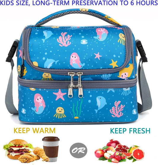 FlowFly Double Decker Cooler Insulated Lunch Bag Large Tote for Boys, Girls, Men, Women, With Adjustable Strap (Blue-Mermaid)