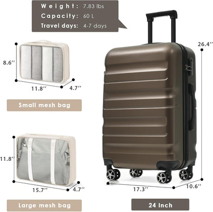 Merax 24 Inch Luggage Set Hardshell ABS Suitcase with Spinner Wheels 2 Packing Cubes Durable Travel Checked Luggage for Weekend Getaways Long Vacations Brown