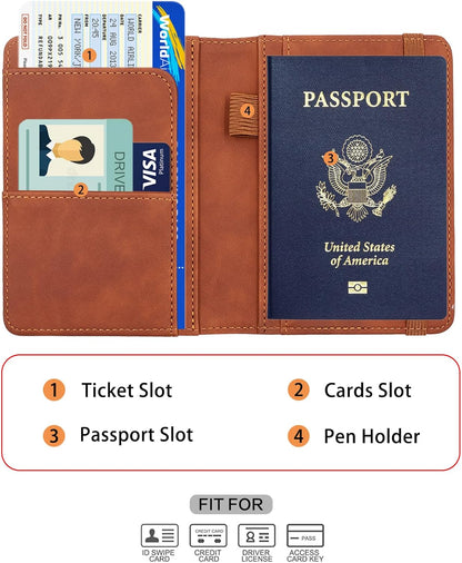 Melsbrinna Premium Leather Passport Holder Covers Case, Waterproof Rfid Blocking Travel Wallet Passport Holder with Pen Holder, Cute Passport Book for Women/Men