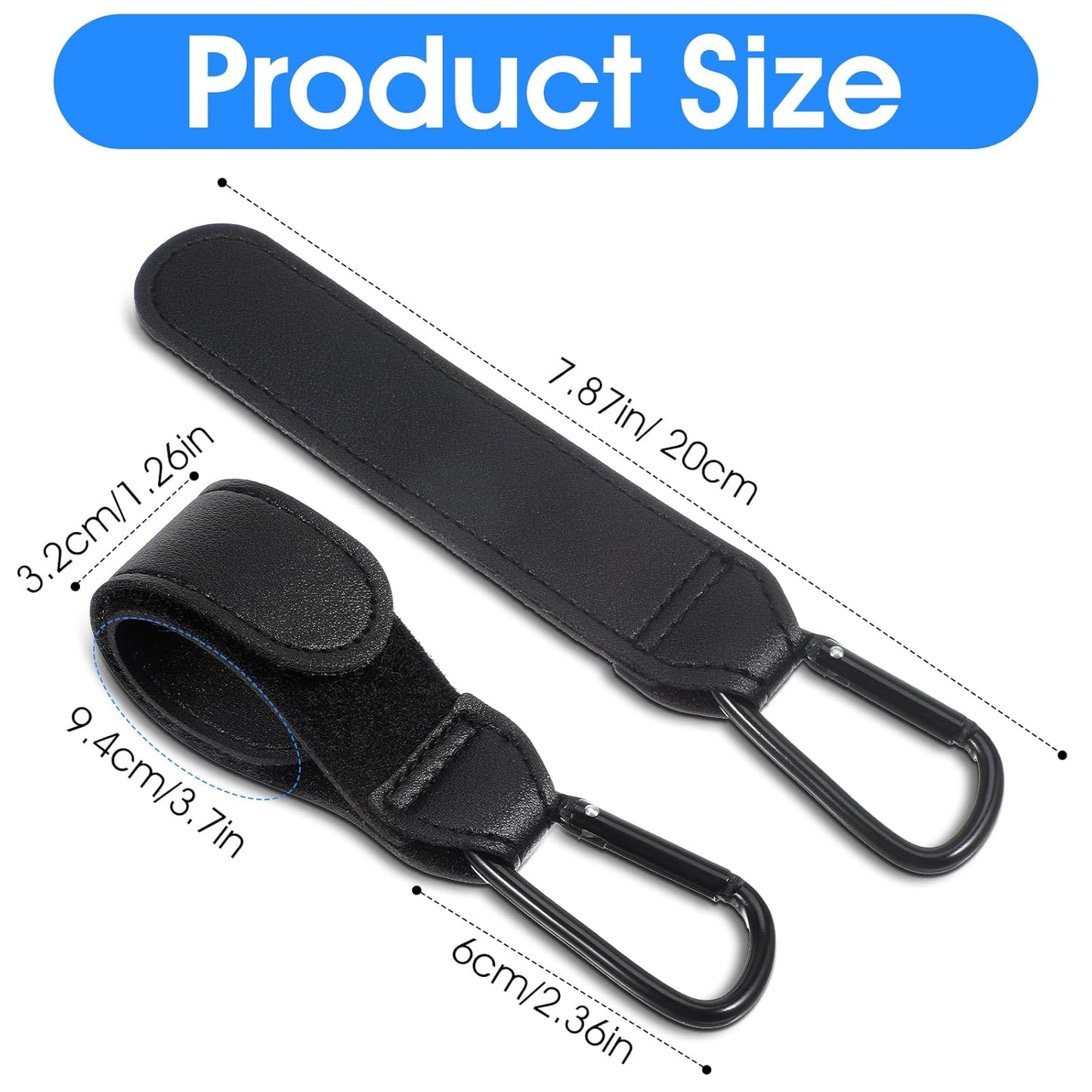 Xindojuz 2 PCS Stroller Hooks for Bags, Multipurpose Stroller Straps with Large Carabiner Clip for Hanging Diaper Bag and Strollers Organizer Accessories for Wheelchair, Shopping and Pet Carts (Black)