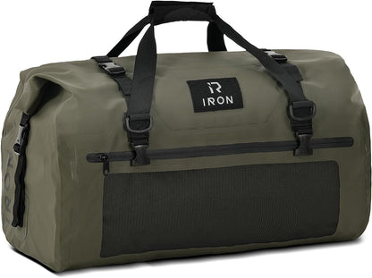 BORLENI Waterproof Motorcycle Dry Duffel Bag Luggage Tail Bag with Large Storage Space,Roll Top Closure, Shoulder Straps, Inner Pocket and Mesh Pocket for Motorcycling Travel Camping (Army Green,70L)