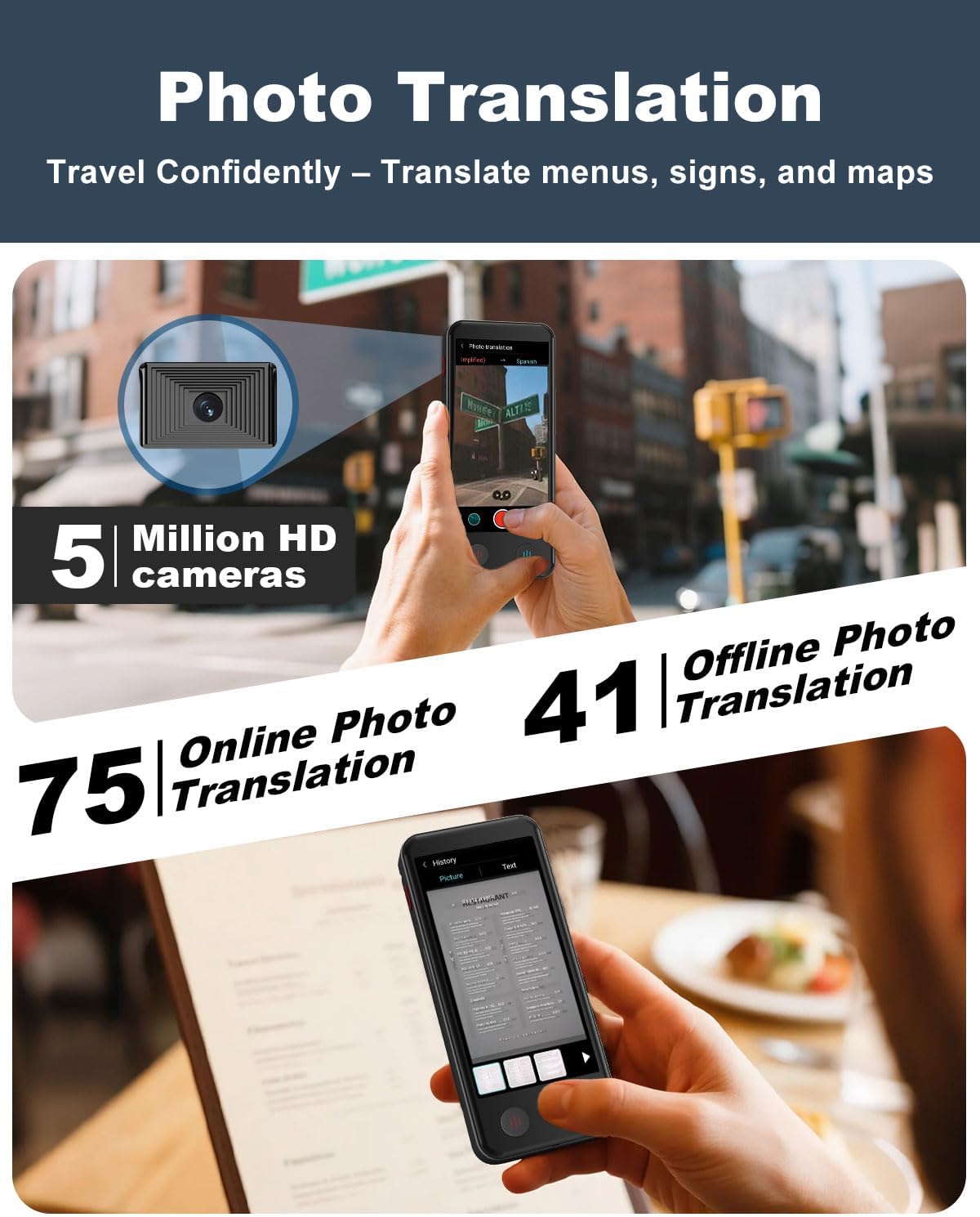 Language Translator Device No WiFi Needed, Dual Screen Real Time Translator Two Way Voice Translation with 139 Languages Online, Offline&Recording&Photo＆Text&Group Translation for Business Travel