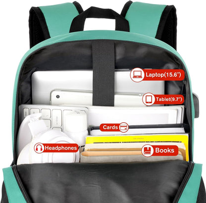 School Backpack for Teens,Green Bookbag Classic Backpack with USB Port for High School College Students