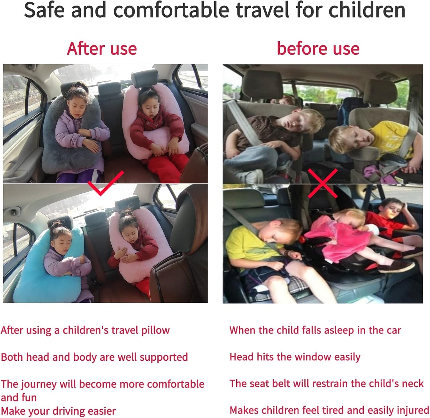 Travel Pillow Car Pillow Kid Car Sleeping The Sleeping Aid for Adults and Kids on Road Trips Sponge Kids Travel Pillow Provides Body and Head Support Black
