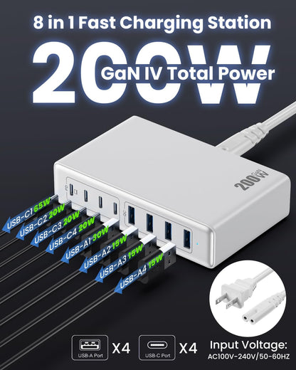 200W USB C Charger Block,GaN IV Charging Station 8 Ports,QC4.0 Fast Charging Station Hub+PD 65W USB C Laptop Charger Adapter Compatible with MacBook Air/Pro,DELL,iPhone 16/15,iPad,Steam Deck-White