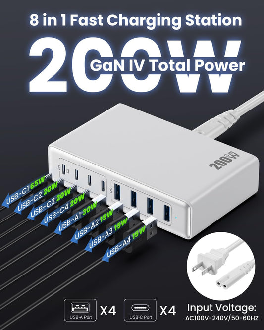 200W USB C Charger Block,GaN IV Charging Station 8 Ports,QC4.0 Fast Charging Station Hub+PD 65W USB C Laptop Charger Adapter Compatible with MacBook Air/Pro,DELL,iPhone 16/15,iPad,Steam Deck-White