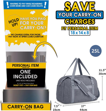 Narwey For Spirit Airlines Personal Item Bag 18x14x8, Small Duffle Bag for Travel, Duffel Bag for Traveling, Carry on Bag for Airplanes Underseat Overnight for Women and Men (Grey)