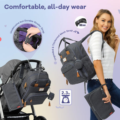 RUVALINO Diaper Bag Backpack, Multifunction Travel Pack Maternity Baby Changing Bags, Large Capacity, Waterproof, Dark Gray