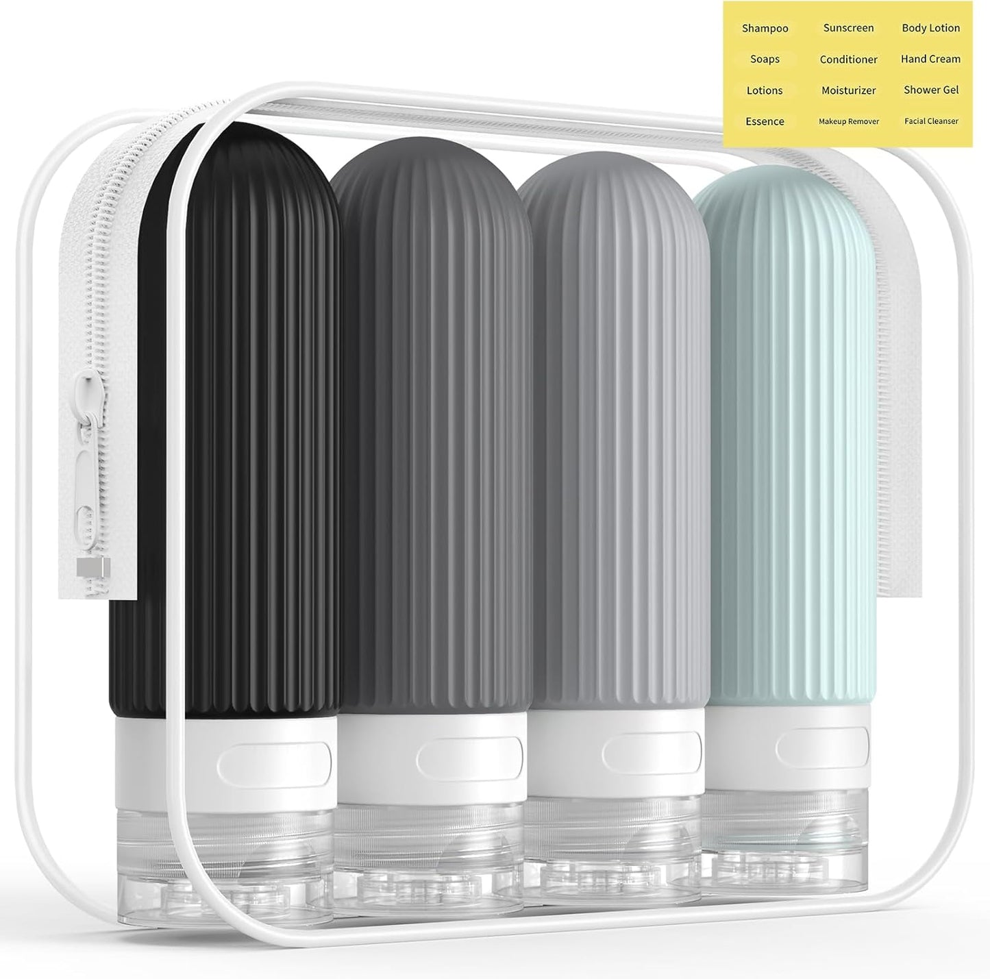 ME.FAN Travel Bottles for Toiletries, TSA Approved 3oz Silicone Journey Size Containers, Portable Split Bottle for Conditioner, Shampoo, Lotion- 4 Pack Grey