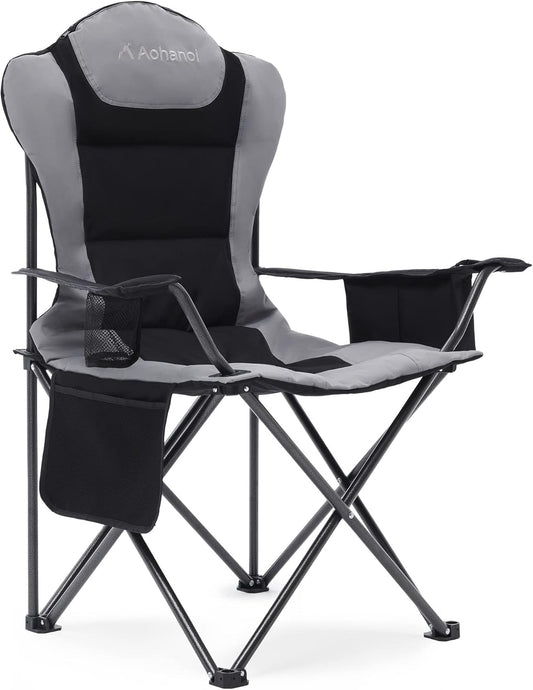 Camping Chairs for Heavy People, Folding Chairs for Outside Outdoor Folding Chairs with Cup Holder & Cooler Bag, Camp Chairs Supports up to 300lbs(1 PC, Black)