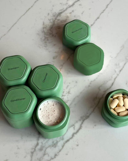 Cadence Travel Containers - Daily Routine Capsule Set - Magnetic Containers with Lids,4 Flex Mediums (1.32oz) & 3 Flex Smalls (0.56oz) - Shampoo, Conditioner, Body Wash, Pills, & More - Eucalyptus