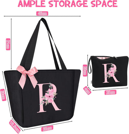 Vavabox Tote Bag, A-Z Initial Monogrammed Waterproof Tote Bag, Bridesmaid Gifts for Women, Black and Pink
