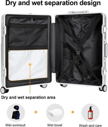 Zipperless Luggage, Polycarbonate Aluminum Hard Shell, Expandable Carry-On Suitcase with Spinner Wheels, Hard Shell Suitcase, 24 Inch Cabin