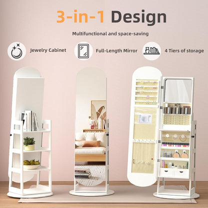 RQZ 8 LEDs Jewelry Cabinet Armoire Standing, 360° Swivel Jewelry Organizer, Lockable Jewelry Storage with Rounded Wide Full-Length Mirror, 4 Storage Shelves, Interior Mirror (61.4" H)