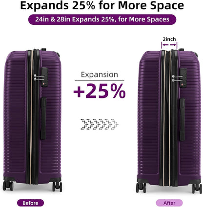 LEAVES KING LARVENDER Luggage Sets 5 Piece, Expandable(Only 24"&28") PP Suitcase with Spinner Wheels, Durable Luggage Sets Clearance Carry On Luggage Suitcase Set For Women Men, Purple