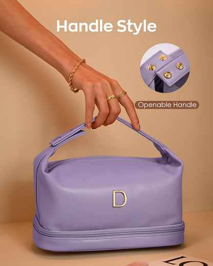 Birthday Gifts, Initial Makeup Bag, Waterproof Double Layer Cosmetic Bag, Large Capacity PU Leather Makeup Bags Letter Travel Toiletry Bag with Makeup Brush Organizer