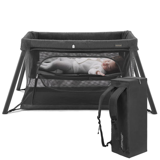 2 in 1 Portable Travel Crib for Toddler, Foldable Crib for Baby, Lightweight Playpen Collapsible Playard with Soft Mattress, Easy to Carry Baby Travel Bed for Outdoor, Indoor (Black)