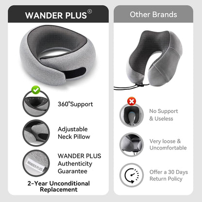 WANDER PLUS® Travel Pillow, 100% Pure Memory Foam Travel Neck Pillow Airplane Neck Support Ergonomic Design Best for Sleeping Plane Car Train Office Flight for Adults Black