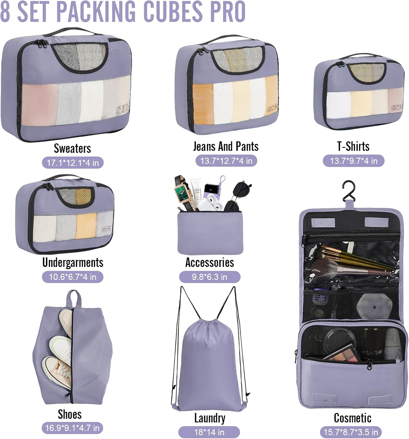 Veken 8 Set Packing Cubes for Travel Essentials, Suitcase Organizer Bags in 4 Sizes, Carry-On Luggage Accessories with Large Laundry & Hanging Toiletry Bag, Must-Have for Airplane, Road Trip & Camping