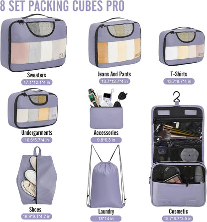 Veken 8 Set Packing Cubes for Travel Essentials, Suitcase Organizer Bags in 4 Sizes, Carry-On Luggage Accessories with Large Laundry & Hanging Toiletry Bag, Must-Have for Airplane, Road Trip & Camping