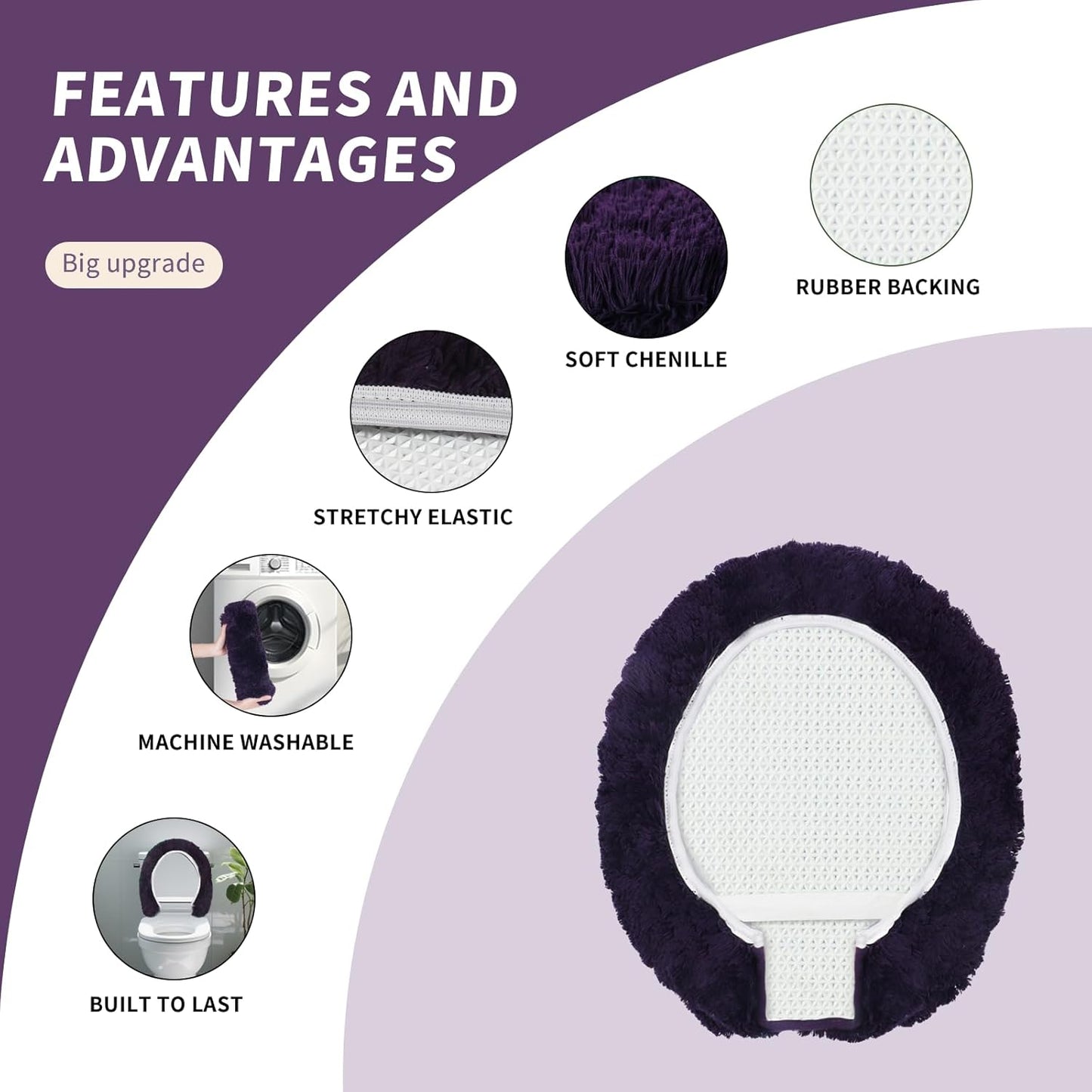Microfiber Elongated Toilet Seat Cover 19.5"x 15" Machine Washable Solid Toilet Lid Cover Adjustable Rubber Backing Fits Most 18-19.5" L x 14-16" W Elongated Toilet Seat