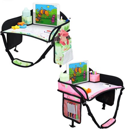 2PCS Kids Travel Tray, Car Seat Tray for kids Travel, Toddler Road Trip Essentials With Drawing Kit, Toddler Lap Desk Organizer for Car, Carseat Table for Airplane