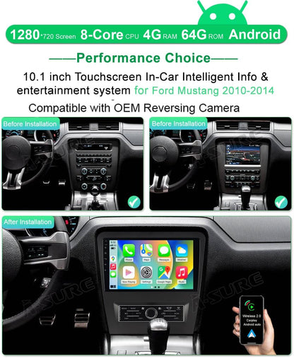 ASURE Car Stereo Radio Upgrade for Mustang 2010-2014,10.1 inch 8Core 4G+64G Android System GPS Navigation Head Unit with Wireless Carplay,Android Auto,1280x720 HD Touchscreen Multimedia Player