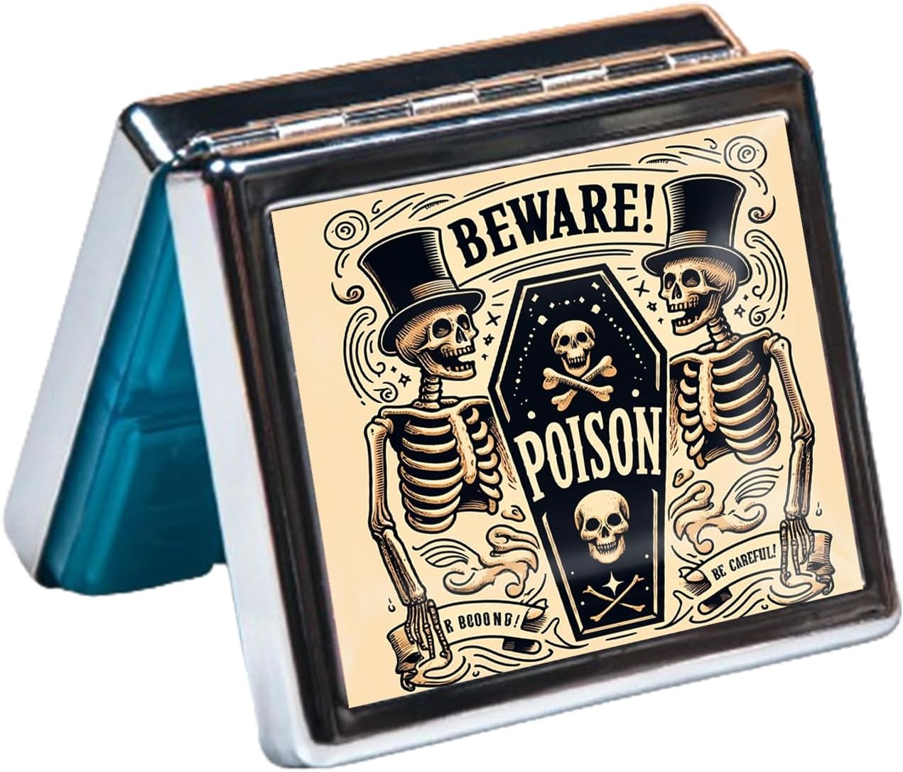 Cute and Portable Metal Pill Organizer – 8 Compartments, Elegant Chrome Finish, Ideal for Travel and Daily Use (Beware Poison Coffin)