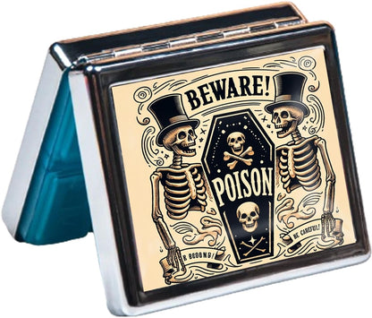 Cute and Portable Metal Pill Organizer – 8 Compartments, Elegant Chrome Finish, Ideal for Travel and Daily Use (Beware Poison Coffin)