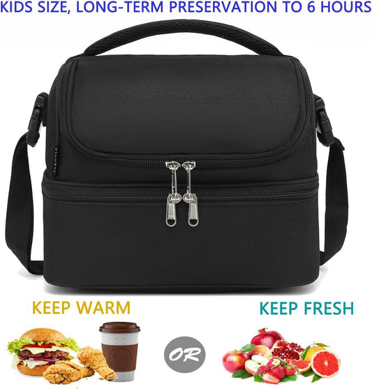 FlowFly Double Decker Cooler Insulated Lunch Bag Large Tote for Boys, Girls, Men, Women, With Adjustable Strap,Black