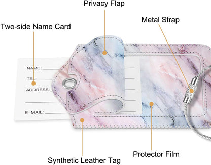 Fintie Luggage Tags, Privacy Cover ID Label with Stainless Steel Loop and Address Card for Travel Bag Suitcase - Marble Pink (2 Piece)